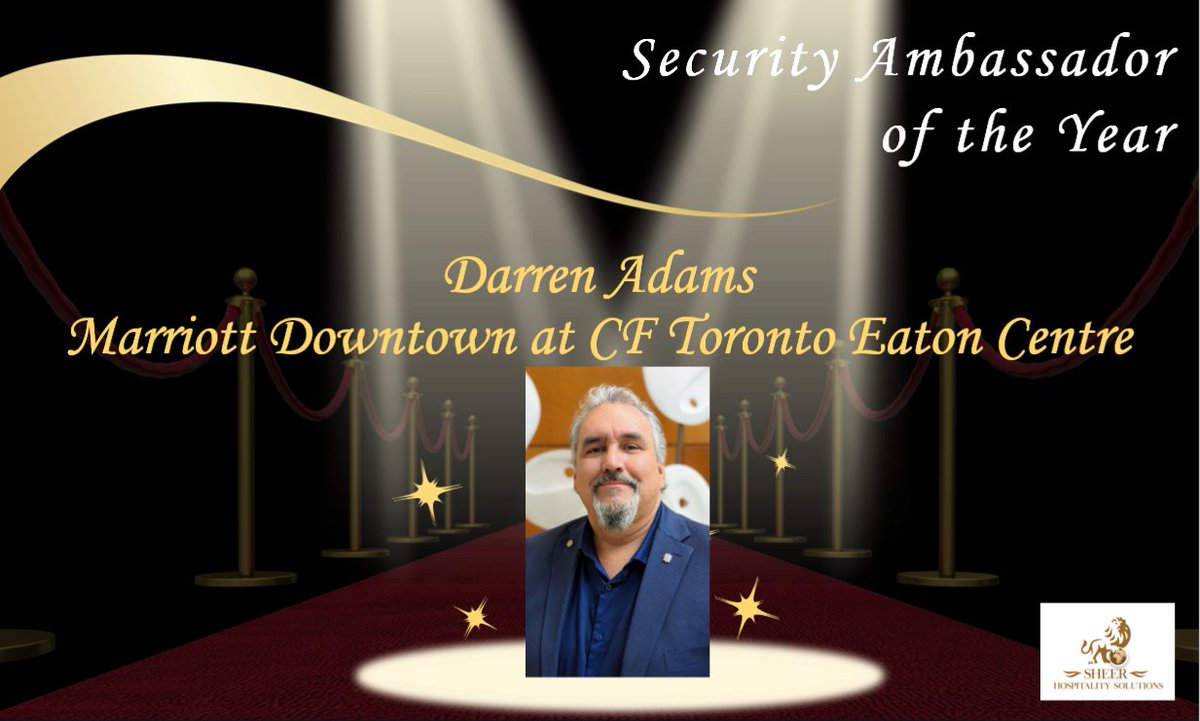 Congratulations to Darren Adams from the <a href="/TorontoMarriott/">Marriott Downtown at CF Toronto Eaton Centre</a>, winner of the Security Ambassador of the Year Award sponsored by #SheerHospitalitySolutions #GTHASpiritAwards