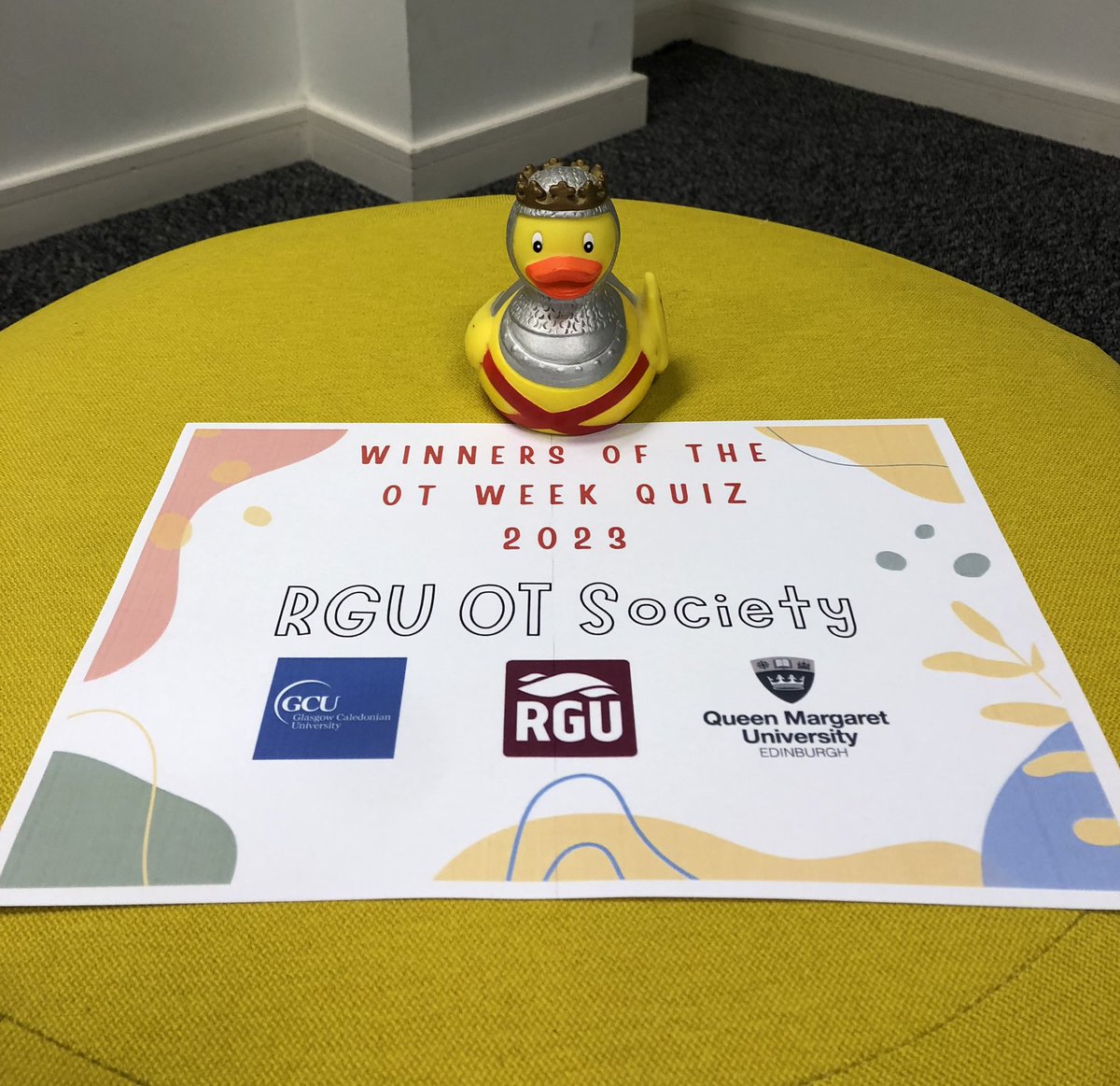 Thank you to everyone from QMU and @GCUOTS who joined in our inter uni quiz for #otweek2023 - and congratulations to champions @OT_RGU Robert The Duck is winging his way north to Aberdeen 🙂 #otstudents #occupationaltherapy