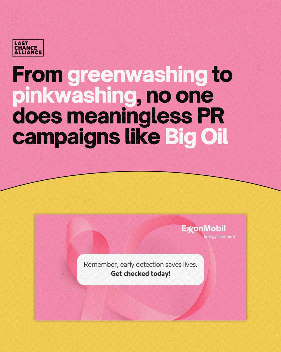 Last Chance Alliance (@lastchance_ca) on Twitter photo From greenwashing to pinkwashing, no one does meaningless PR campaigns like Big Oil 😍
Don’t let them twist the truth: Big Oil is exposing countless people to toxic chemicals linked to breast cancer. We’re working with <a href="/BCAction/">Breast Cancer Action</a> to stop them.
bcaction.org/about-think-be… From greenwashing to pinkwashing, no one does meaningless PR campaigns like Big Oil 😍
Don’t let them twist the truth: Big Oil is exposing countless people to toxic chemicals linked to breast cancer. We’re working with <a href="/BCAction/">Breast Cancer Action</a> to stop them.
bcaction.org/about-think-be…