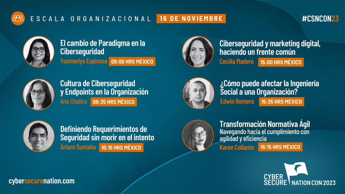 CYBERSECURENAT's tweet photo. 🛡️ Eleva la ciberseguridad de tu organización en #CSN23.
📆 16 Nov: Sesiones clave sobre cultura de seguridad, defensa contra ingeniería social y mucho más.
👇 ¡Es hora de fortificar tu empresa! 🏢🔒
https://t.co/HkKngTNRAW https://t.co/s5iWyt6JGx
