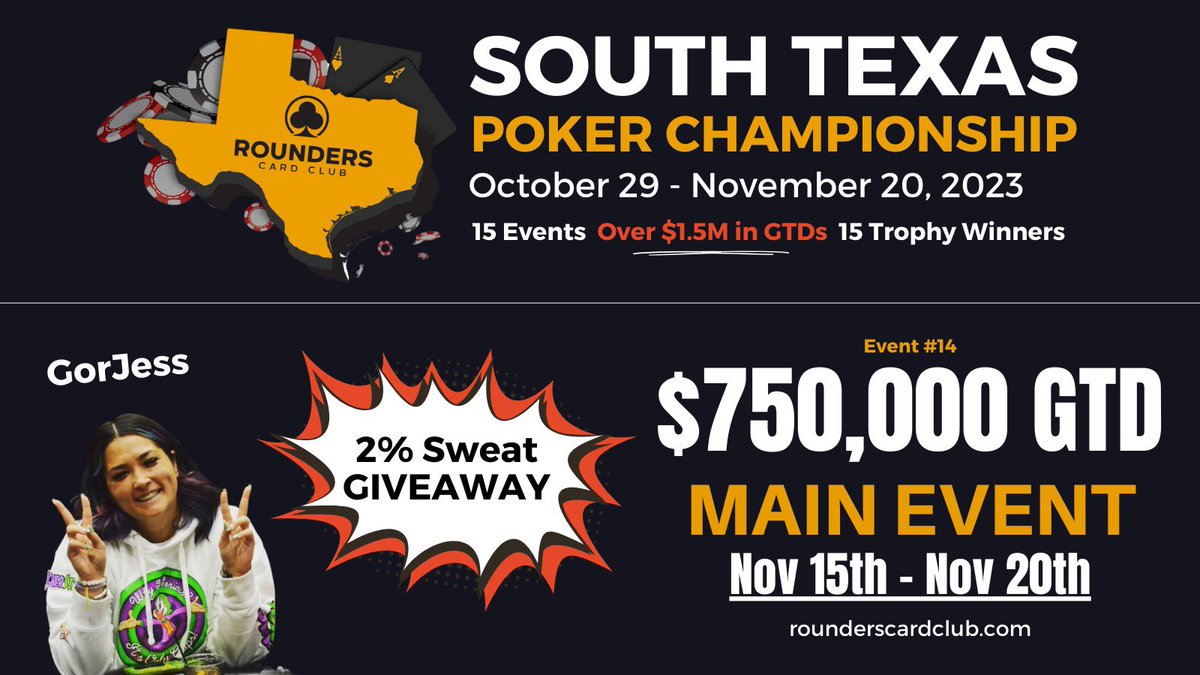 gorjesshtx's tweet image. Hey y'all! 🤠 I'm headed to San Antonio for the upcoming 750k Main Event at @RoundersCard_SA  and I want to give out a 2% sweat to 1 lucky follower!

To qualify:
👤Follow me @gorjesshtx  
👍🏼Like 
♻️ Retweet 
⬇️ comment "✌️" when complete! 

Winner announced Tuesday the 14th!