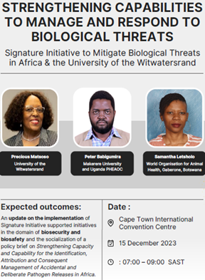 Join us in Cape Town on 15 Dec for an event on #GPWMD Signature Initiative to Mitigate BioThreats in Africa, highlighting #SIMBA work on biosecurity and Strengthening Capacities for Identification, Attribution and Management of Deliberate Pathogen Releases in Africa. #ASLM2023