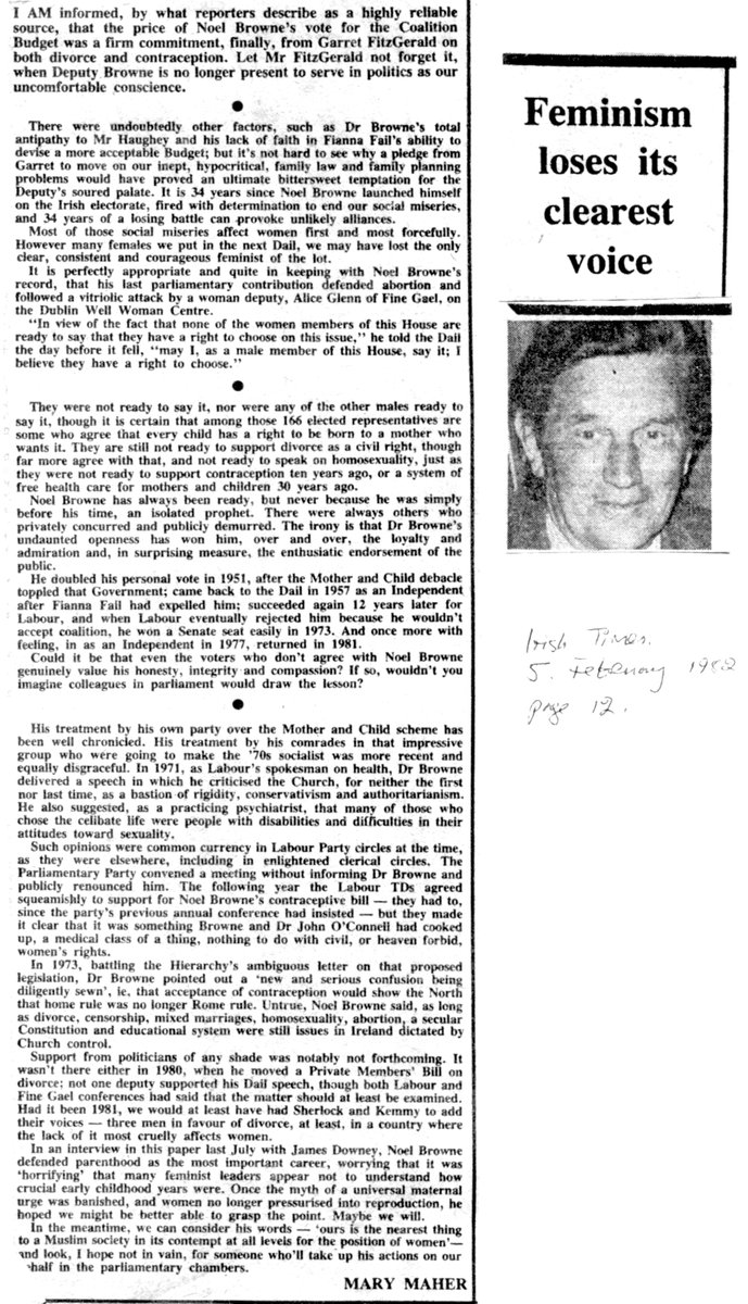 'Feminism loses its clearest voice.' Trawling old news clippings and this gem for the Irish Times, 1982, jumped out. Mary Maher salutes the extraordinary integrity, bravery and humanity of the redoubtable Dr. Noel Browne. #archives #lawreform #Irishpoliticians