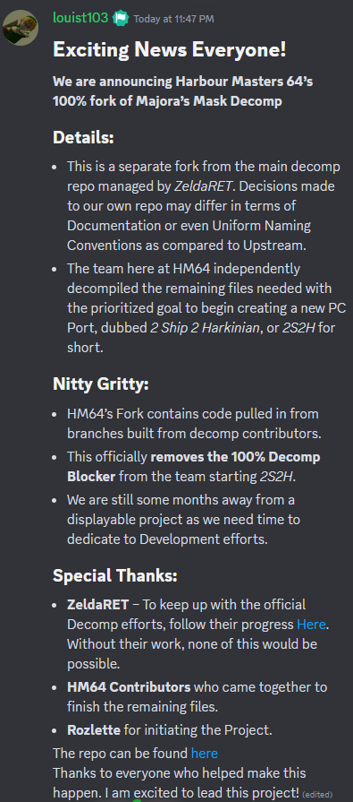 shipofharkinian's tweet photo. We have 100% matched MM decomp, removing a barrier for 2 Ship 2 Harkinian. The port is still months out. Please see the statement from project lead louist103. https://t.co/xnq3rgKZrY