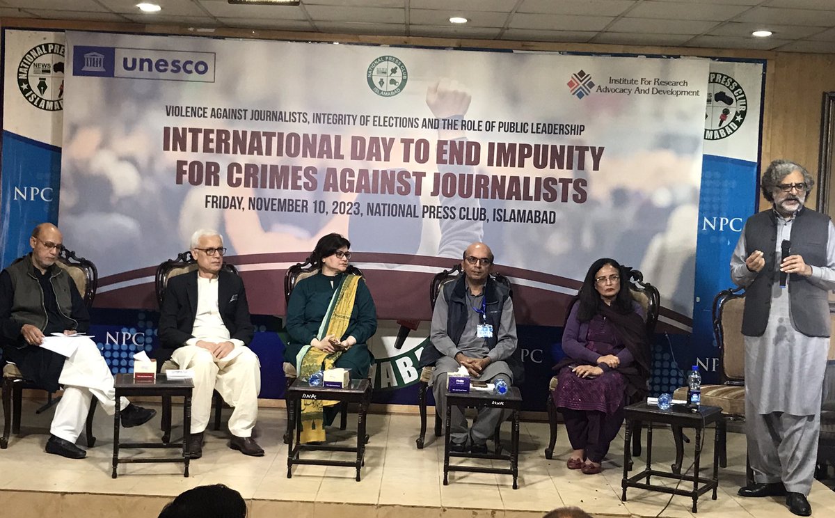 IRADAPK's tweet photo. Seminar in reference to International Day to End Impunity for Crimes against Journalists (IDEI) at the National Press Club Islamabad. @murtazasolangi, Federal Minister for Information &amp; Broadcasting chaired the session. @UnescoPakistan https://t.co/qfjRM6EnZe