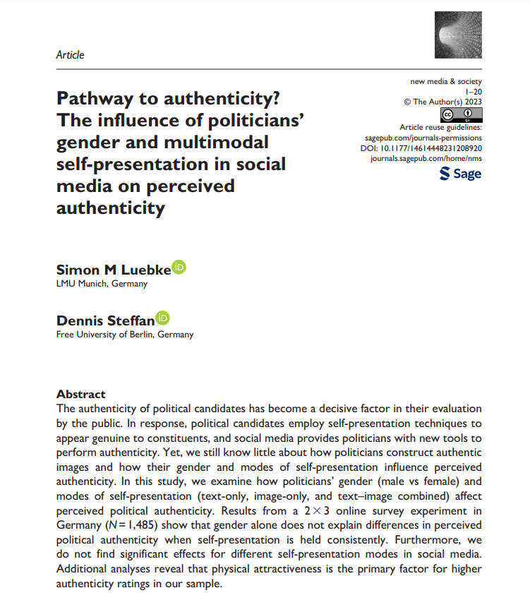 How do politicians’ gender and their self-presentation in social media influence perceived authenticity? 📢Excited to share a new publication in New Media & Society with Dennis Steffan on political authenticity. @ifkw_lmu & @pukberlin 🔗doi.org/10.1177/146144… Short 🧵👇