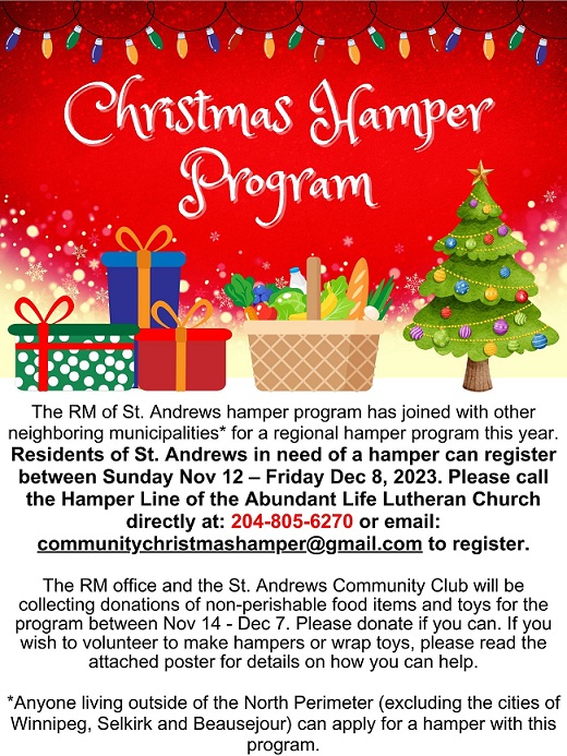 RMofstandrews's tweet photo. The RM will be taking part in a regional Christmas Hamper Program this year. St. Andrews residents can register for hampers between Nov. 12 and Dec. 8, 2023. Learn more about how to register as well as donate to these hampers at
https://t.co/ofJkkIi79C https://t.co/vgTPIk1hcE