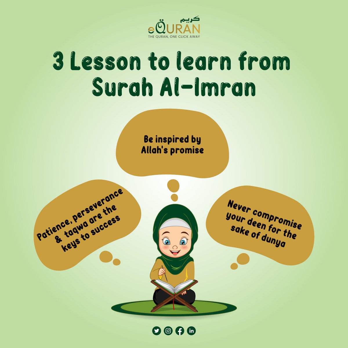 equranekareem's tweet image. In Surah Al-Imran, we discover the unwavering promises of Allah, the beauty of patience, and the strength in never compromising our beliefs. Let these teachings guide your path towards a fulfilling life. In Sha Allah 📖✨

#SurahAlImran #learnislam #quranverses #equranekareem