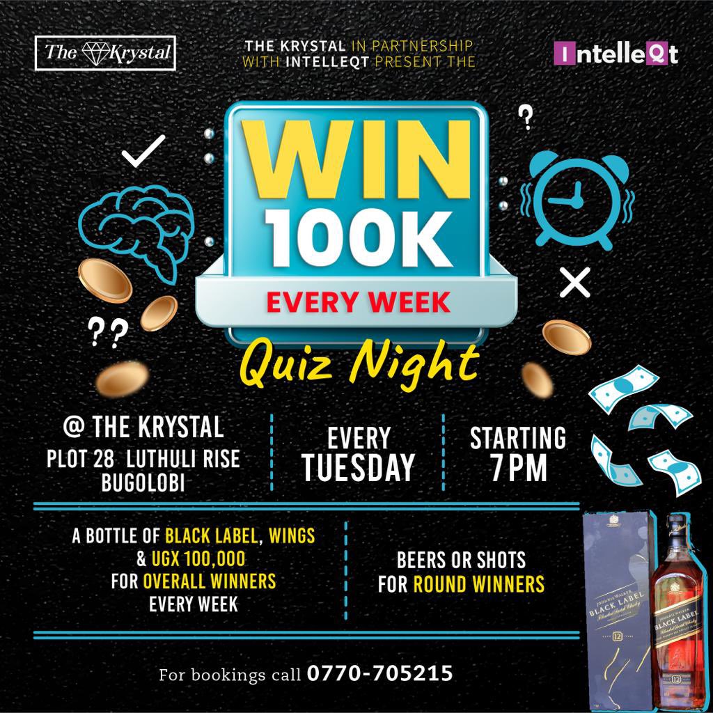 Book your team in the comments or call to win 100K every week! Can’t wait to see who comes out on top every Tuesday at Krystal Lounge !

#quiz #uganda #kampala #intelleqtgames #bugolobi