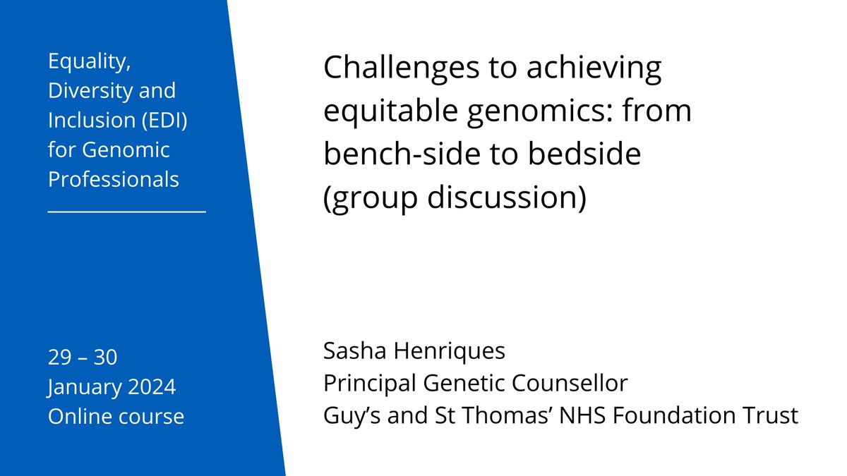 GSTT Events (@gsttevents) on Twitter photo Discuss the challenges of achieving equitable genomics at our upcoming #Equality #Diversity + #Inclusion for #Genomics Professionals online course, 29-30 Jan 2024
Book here to secure your place: bit.ly/3PuGADp
<a href="/VishTrip_11/">Vishakha Tripathi</a> <a href="/Shenriques3/">Sasha GC</a> <a href="/geneticsengage/">@GeneticsEngage</a> <a href="/GeneticAll_UK/">Genetic Alliance UK</a> Discuss the challenges of achieving equitable genomics at our upcoming #Equality #Diversity + #Inclusion for #Genomics Professionals online course, 29-30 Jan 2024
Book here to secure your place: bit.ly/3PuGADp
<a href="/VishTrip_11/">Vishakha Tripathi</a> <a href="/Shenriques3/">Sasha GC</a> <a href="/geneticsengage/">@GeneticsEngage</a> <a href="/GeneticAll_UK/">Genetic Alliance UK</a>
