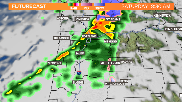 Just a few showers today, Futurecast shows a rainy Saturday morning with gusty winds.  Kgw.com