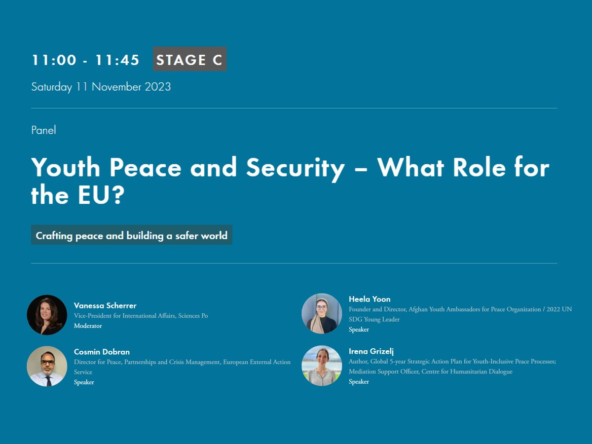 Join HD's @IrenaGrizelj & experts on 11 Nov at #ParisPeaceForum2023 as the #EU marks the 1st anniversary of the #YouthActionPlan. Co-organized with @eu_eeas, this session explores empowering youth in #conflict zones and the challenges around the Youth Peace and Security agenda.