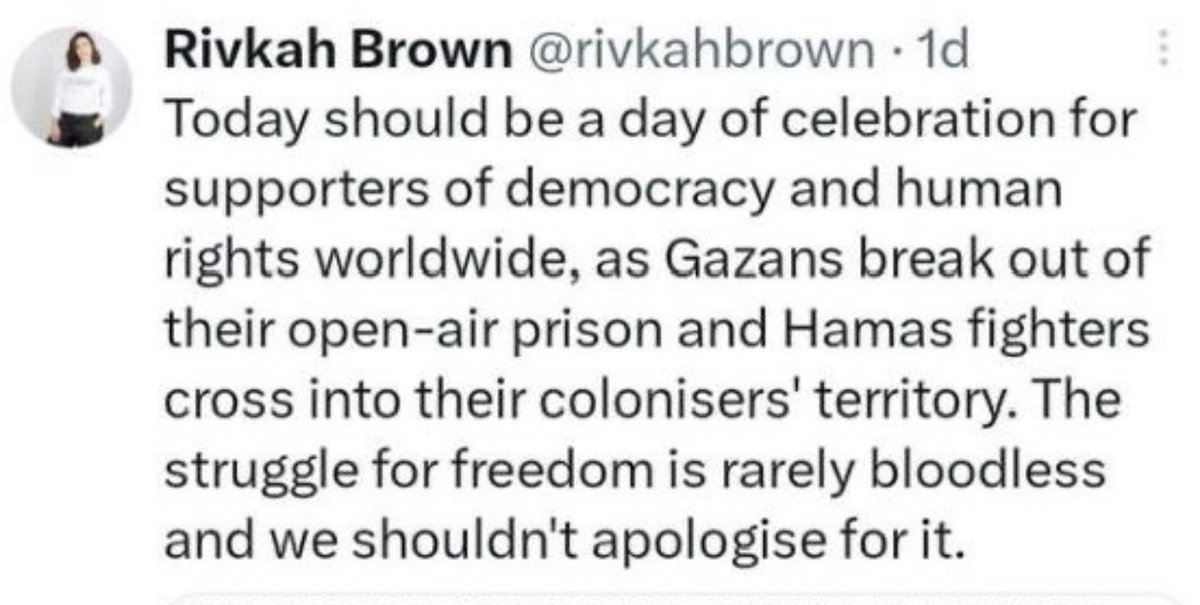 DouglasKMurray's tweet image. Here’s what ⁦@rivkahbrown⁩ of ⁦@novaramedia⁩ said on the day of the Hamas massacre. She revels in the mass murder of Jews. Which is why she now tries to defame me.