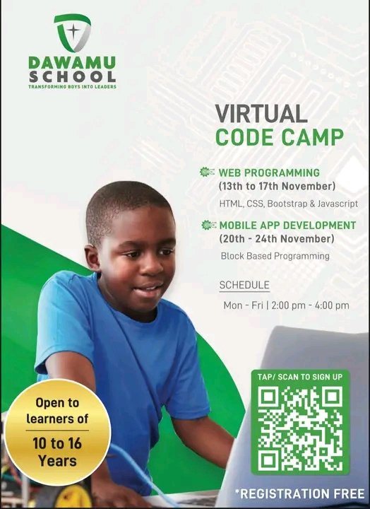 Nicksimons001's tweet image. Ready to level up your coding game? Join Dawamu School&apos;s #VirtualCodeCamp and unlock the secrets of web programming and mobile app development. Ages 10-16, get set to code your dreams into reality! #DawamuCodeCamp #CodingJourney #TechWizards #freeregistrationfee