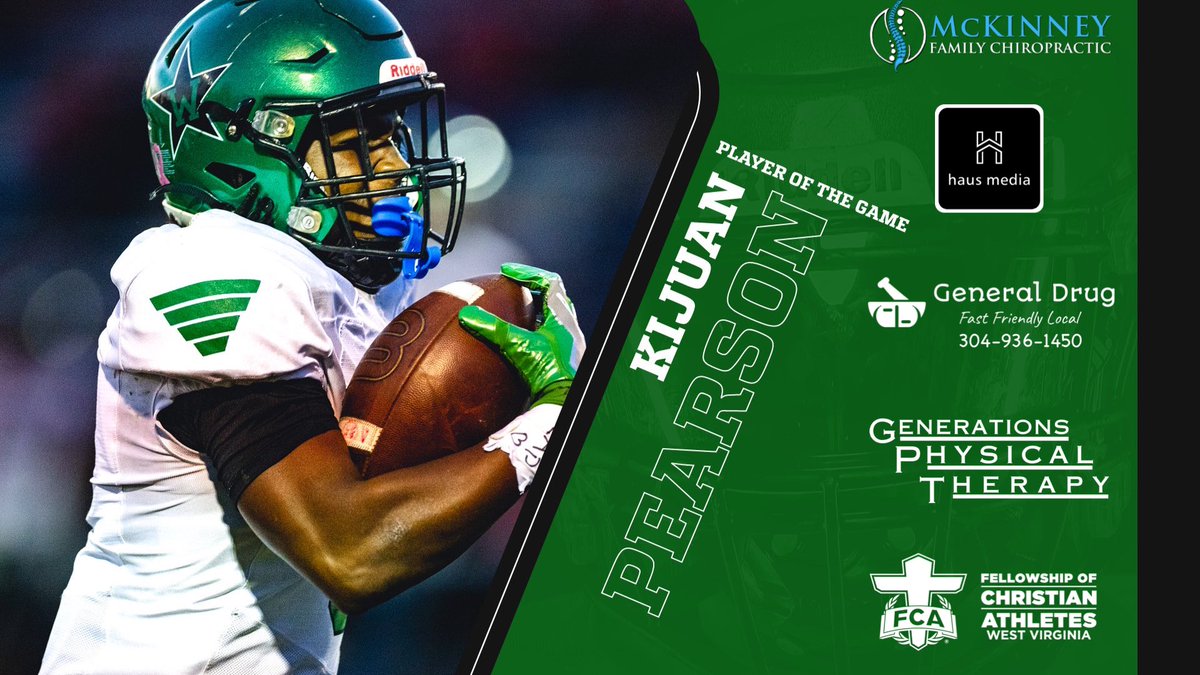 haus media (@haus_media) on Twitter photo It’s Friday! 🏈
Last weeks @haus_media_ Player of the Game was Winfield High School Football’s @kjuanpearson who had 11 carries, 175 yds, and 2 TDS in the Generals win over Point Pleasant 35-24‼️
Sponsored by: @mckinneyfamilychiropractic , @fca_wv , @generationspt ,General Drug It’s Friday! 🏈
Last weeks @haus_media_ Player of the Game was Winfield High School Football’s @kjuanpearson who had 11 carries, 175 yds, and 2 TDS in the Generals win over Point Pleasant 35-24‼️
Sponsored by: @mckinneyfamilychiropractic , @fca_wv , @generationspt ,General Drug