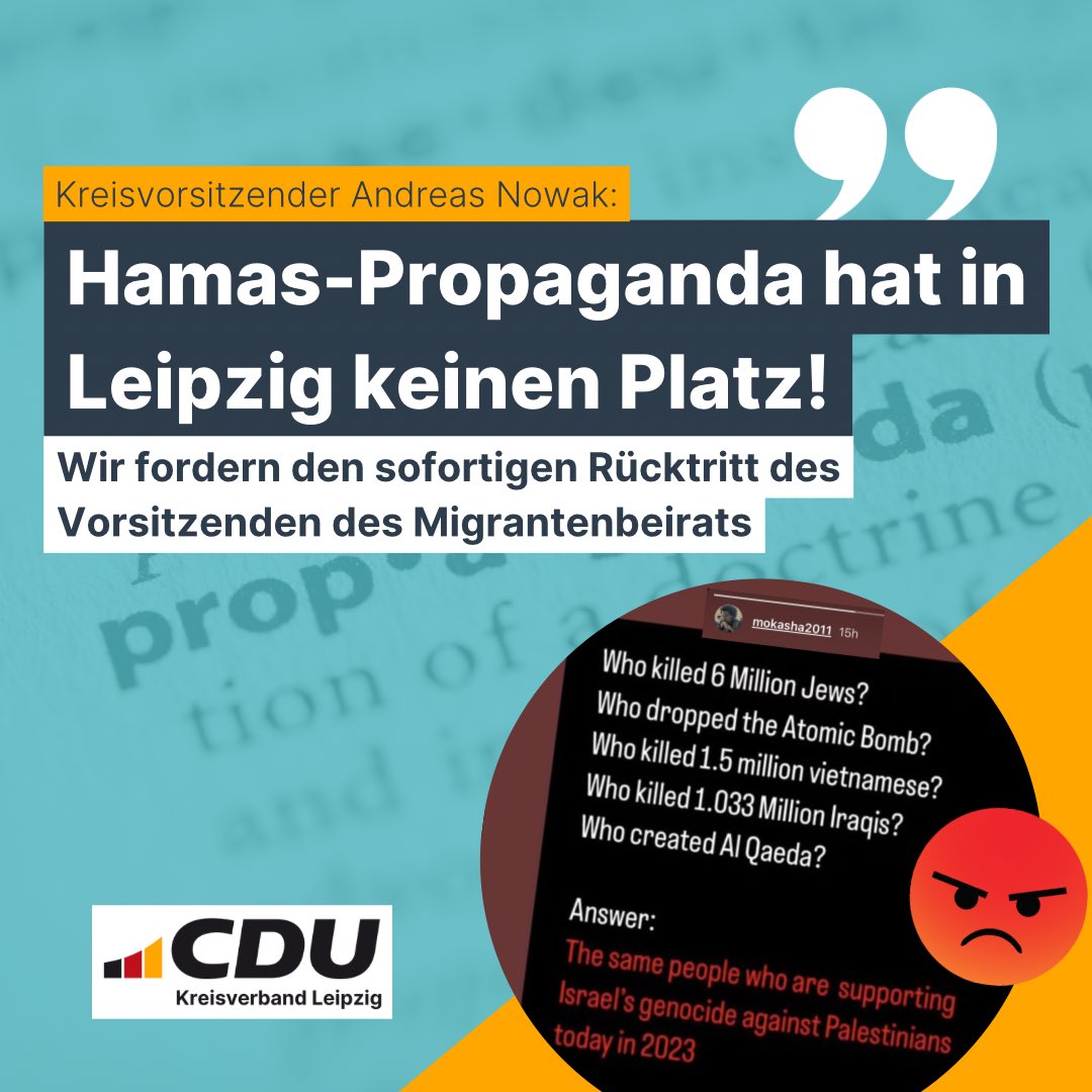 Die Äußerungen des Vorsitzenden des Leipziger Migrantenbeirats sind völlig inakzeptabel und untragbar! 😡
Die gesamte Pressemitteilung zu den Äußerungen von Herrn Mohamed Okasha finden Sie hier: cdu-leipzig.de/aktuelles/2023…

<a href="/LINKEPELLI/">MdB Sören Pellmann</a> <a href="/DIELINKELeipzig/">DIE LINKE. Leipzig</a> <a href="/Bedam99/">Adam Bednarsky</a>