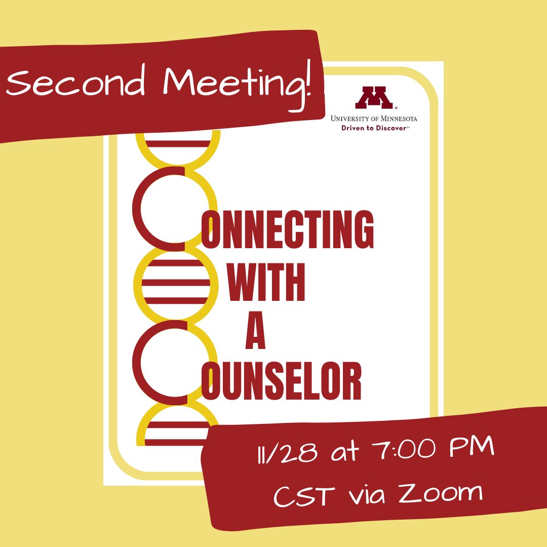 Please join us for the next “Connecting with a Counselor” meeting via Zoom: 7 - 8PM (CST) on 11/28/23. Register below to hear directly from UMN Genetic Counseling Alumni working in the field. forms.gle/SxnHTks89eLTMd…. This form also allows you to submit questions to the GCs.