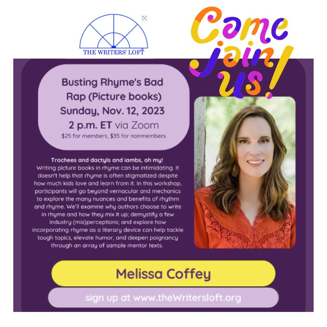 Hey, #picturebook #writers--there's still time to register for this virtual #rhyme #workshop on SUNDAY hosted by @writersloftma! Hope to see you!

#writingcommunity #writingworkshop #rhyming #picturebooks #childrensbooks #kidlit #kidlitchat #kidlitcommunity #writersoftwitter