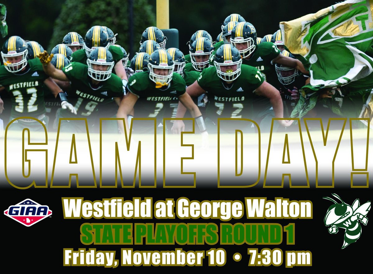 TheWestfieldSch's tweet photo. First round of @giaasports STATE tonight at @georgewalton ! Let's go, Hornets!!! #westfieldfootball https://t.co/yHZYfr8TJD