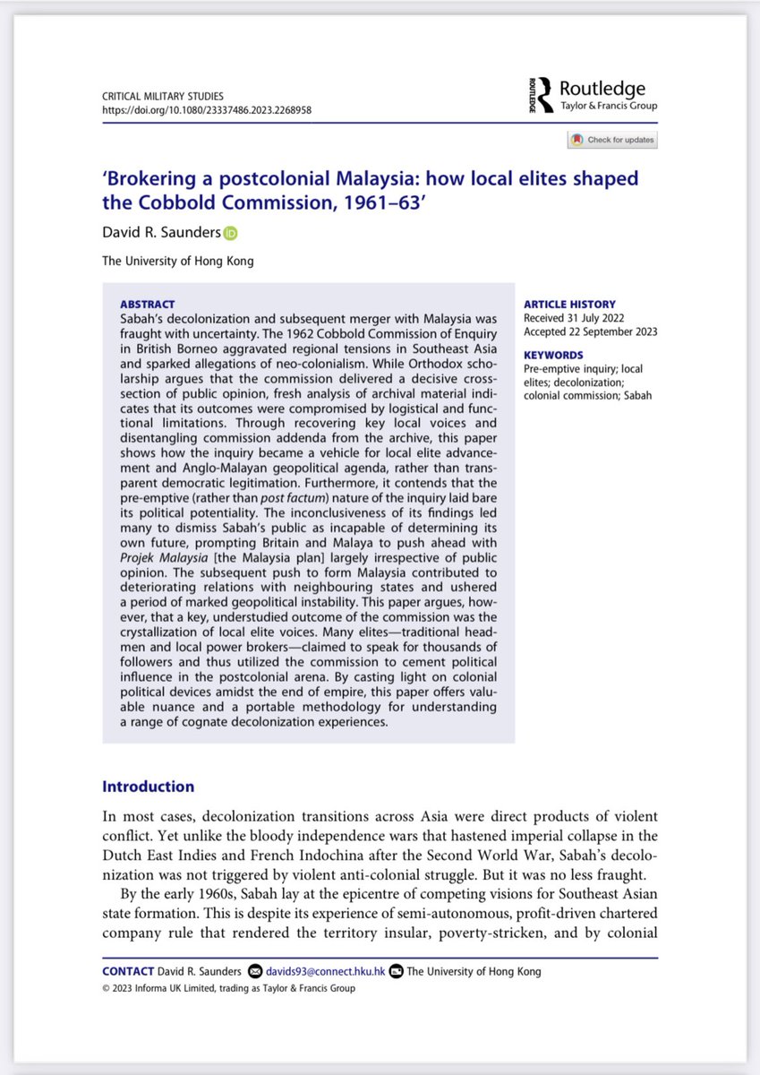 Freshly published today! My article, ‘Brokering a postcolonial Malaysia’ is out in @CritMilStudies as part of the special issue ‘Making Sense of State Violence,’ organised by @teachlearnwar @owendavidthomas @MargotTudor