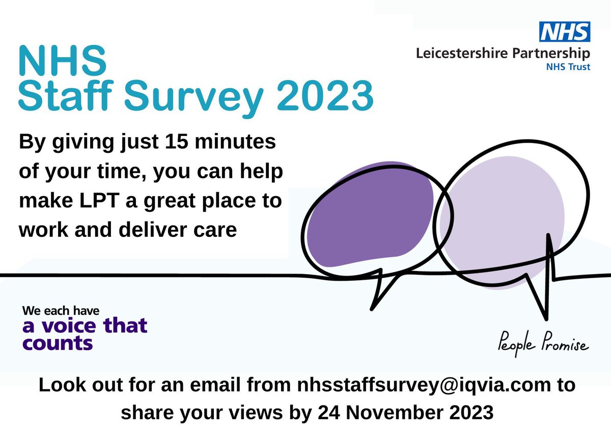 Leicestershire Partnership NHS Trust (@lptnhs) on Twitter photo Did you know – the NHS Staff Survey closes in just 2 weeks! But don't worry - there's still time to complete yours. It takes less than 15 minutes and is completely anonymous! Look for your survey invite from nhsstaffsurvey@iqvia.com
#weeachhaveavoicethatcounts #wearelpt Did you know – the NHS Staff Survey closes in just 2 weeks! But don't worry - there's still time to complete yours. It takes less than 15 minutes and is completely anonymous! Look for your survey invite from nhsstaffsurvey@iqvia.com
#weeachhaveavoicethatcounts #wearelpt