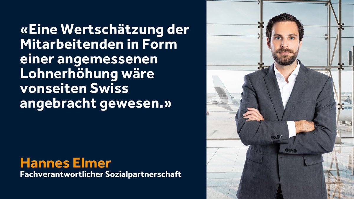 Die Lohnverhandlungen 2024 zwischen der Fluggesellschaft Swiss und den Sozialpartnern <a href="/kfmv_ch/">Kaufmännischer Verband Schweiz (kfmv) | SEC | SIC</a>, <a href="/VPOD_Schweiz/">VPOD Schweiz / SSP Suisse</a> und SEV-GATA sind ohne Einigung beendet worden. Swiss lehnt einen vollen generellen Teuerungsausgleich für alle Bodenmitarbeitenden ab. ✈️

Zur ganzen Medienmitteilung:
