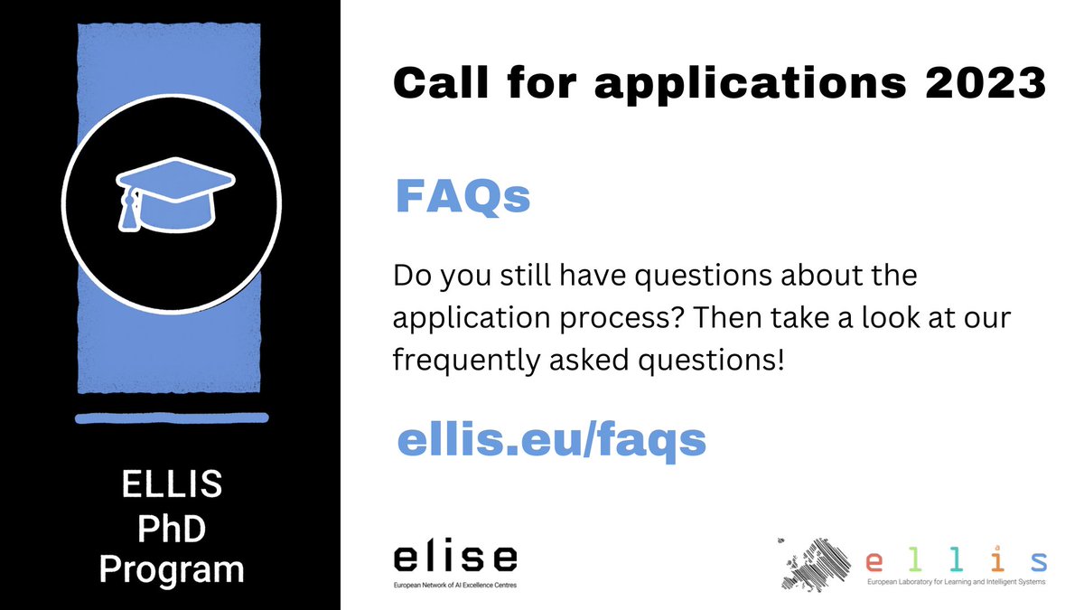 Just a few days are left until our #ELLISPhD application portal will close for this year! Take a look at our FAQs if you still have questions and don’t forget to submit your application by November 15! ellis.eu/faqs #machinelearning #AI #phdprogram <a href="/ai_elise/">Elise AI</a>