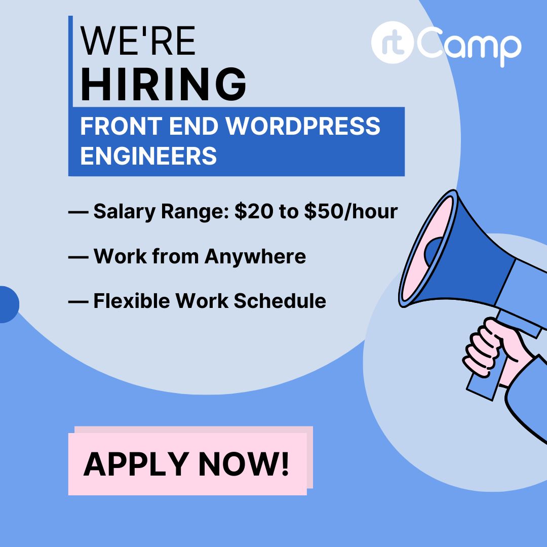 rtCamp's tweet image. 💻 Calling all front-end WordPress engineers with a knack for pixel-perfect designs.
🤝 Apply now and join our team.
🔗 rt.cx/fee-sx
#frontendengineer #rtcamp