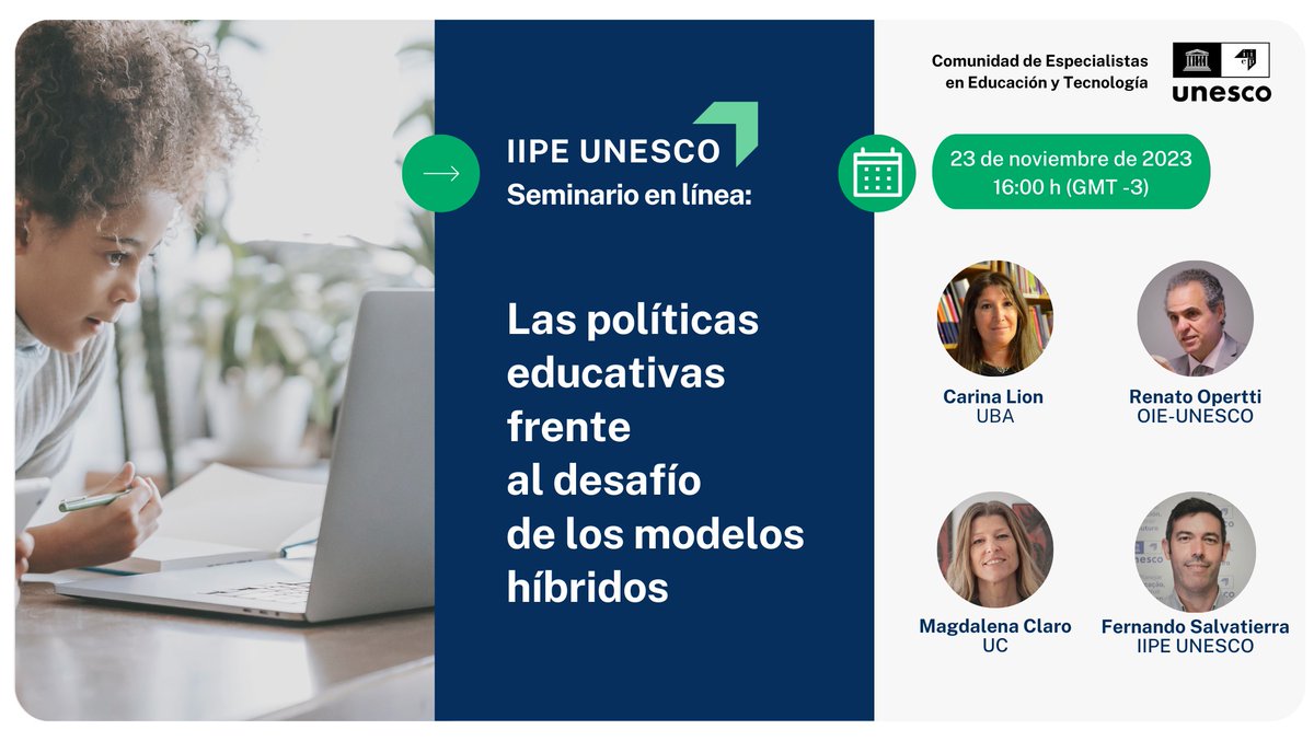 📢 ¡Nuevo seminario en línea sobre políticas educativas y modelos híbridos!

🗓️ jueves 23 de noviembre de 2023
🕐 16 h (GMT -3)
💬 En español y portugués

Regístrese aquí para participar en vivo ➡️ bit.ly/49jEzC1
