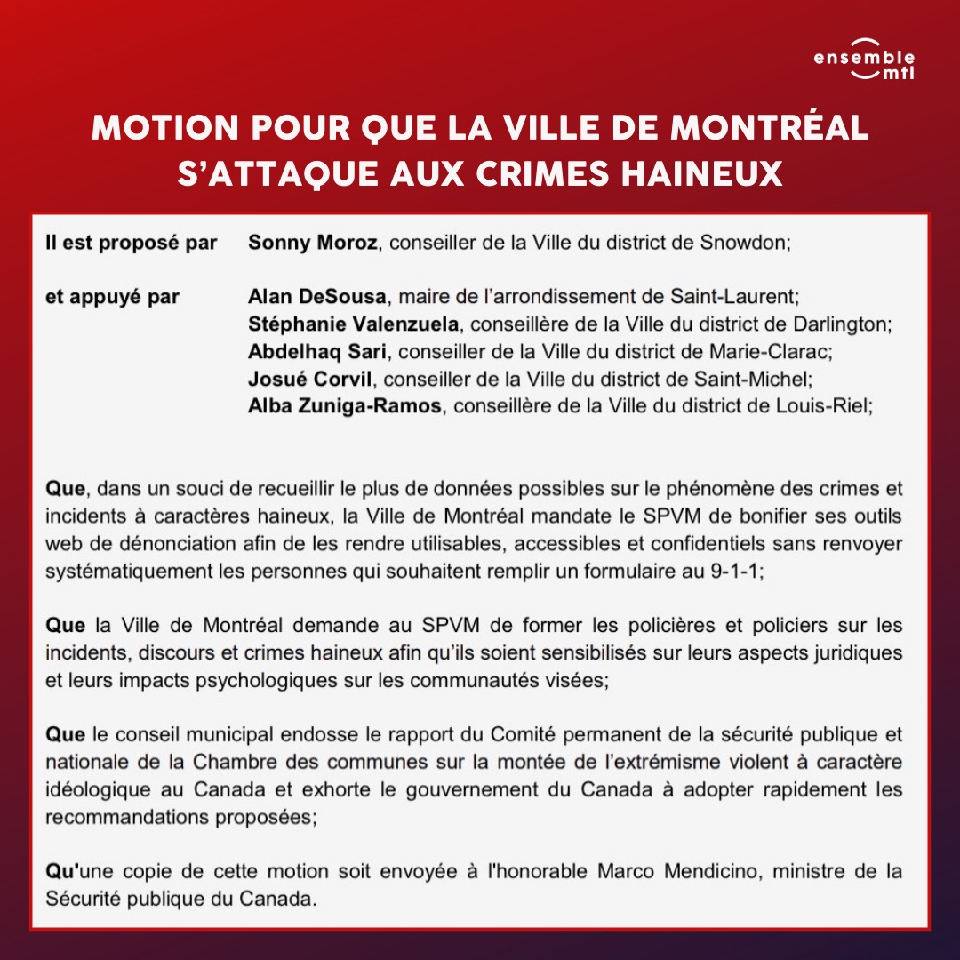J'ai déposé une motion au nom d'<a href="/EnsembleMtl/">Ensemble Montréal</a> en 2022 pour que la Ville de Montréal s'attaque aux crimes haineux. Avec les événements troublants des derniers jours, l'administration devrait faire le suivi des actions demandées &amp; adoptées. <a href="/Val_Plante/">Valérie Plante</a>, il se passe quoi? 1/2 #polmtl