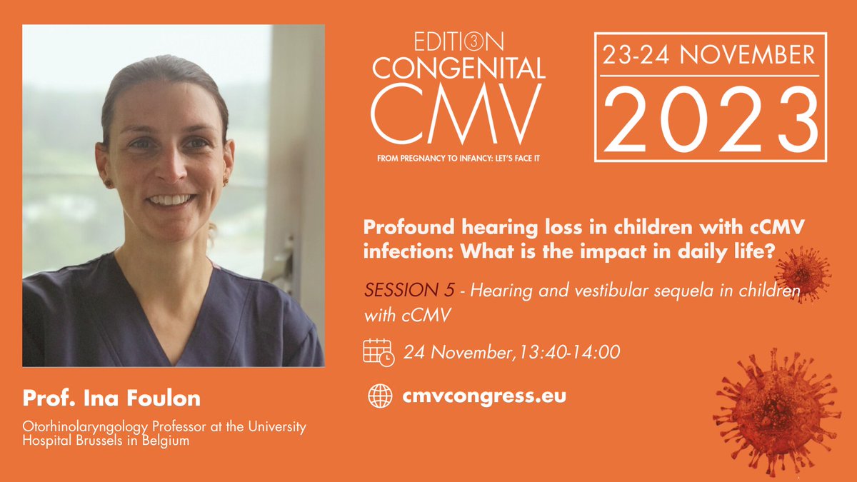CMV_Congress's tweet image. CMV is the leading cause of non-genetic hearing loss worldwide. Up to 20% of children with significant hearing loss is due to #cCMV.
Prof. @FoulonIna will elaborate further on upcoming #CMVcongress, and will talk about its daily impacts.
Register now👉: bit.ly/CMV_Registrati…