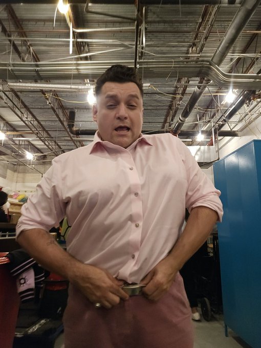 Rare pic on mpmg creator having to dress like an adult to manage an event. Lol  Oof this belt was a bit