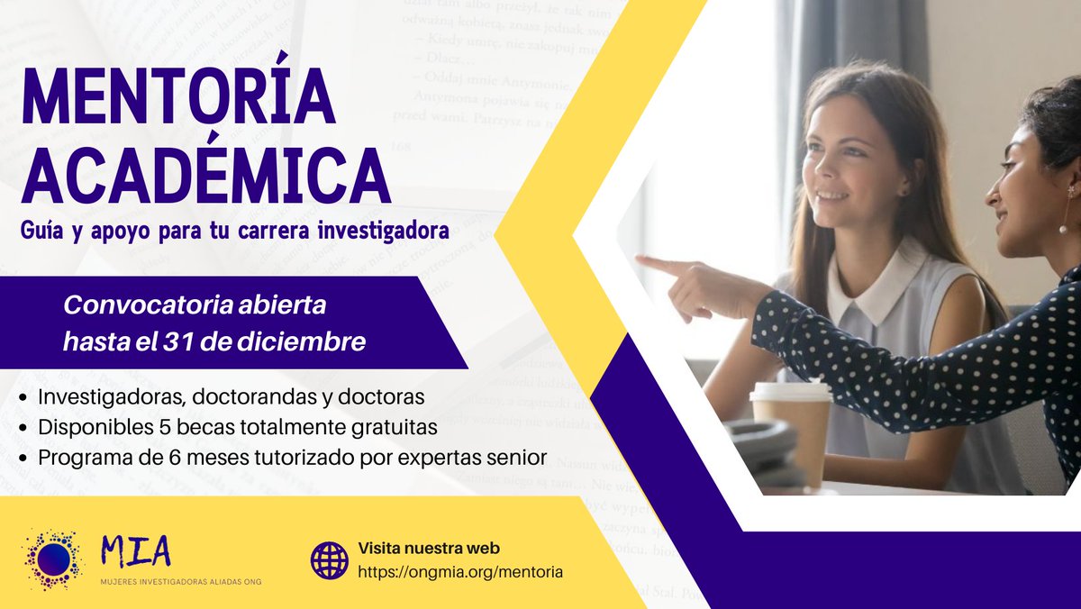 🆕Este programa otorga 5 becas para acceder gratuitamente al Programa de Mentoría académica, que ofrece guía y apoyo para investigadoras 🎓💜
Info e inscripciones 👉 ongmia.org/mentoria/
#mentoria #aliadas #ongmia #MujeresEnCiencia