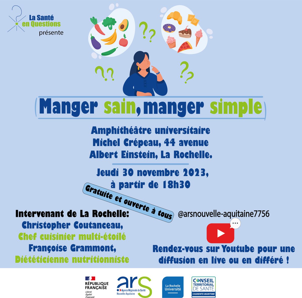 ARS_NA_DD17's tweet photo. 🍏 Rejoignez nous le 30 novembre pour la 3ème conférence de "La Santé en Questions"! 🌱Plongez avec nous dans le monde de la nutrition avec "Manger Sain, Manger Simple". 🍽️ Des experts partageront des conseils pratiques pour une alimentation équilibrée !
#SantéNutrition https://t.co/OrM0NlchWq