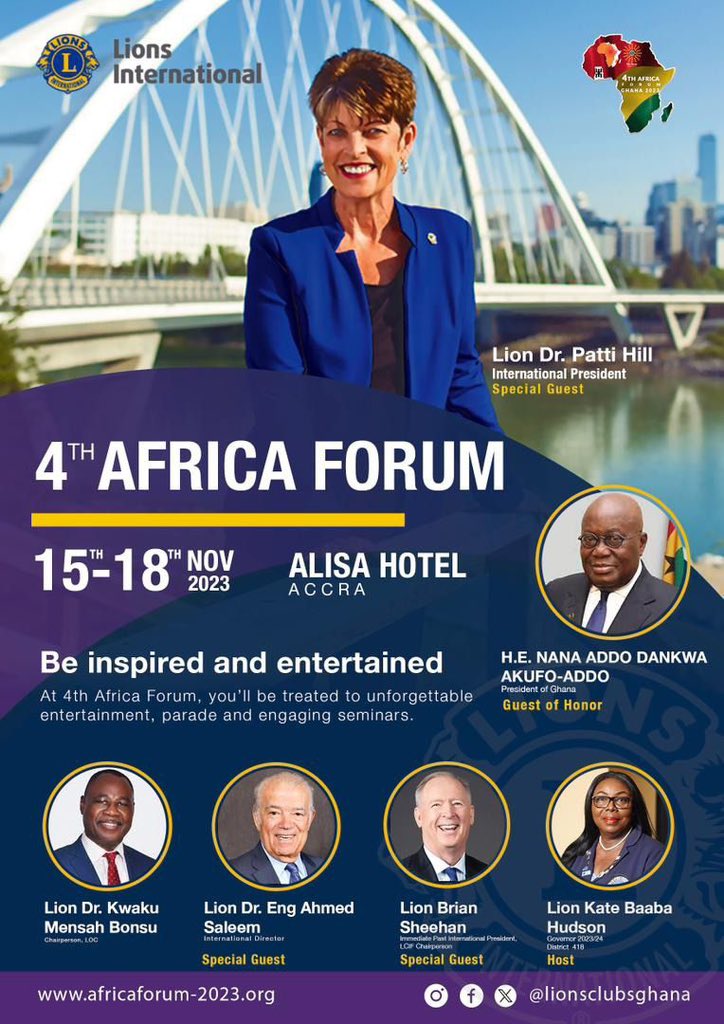 🦁 Join us at the 4th Africa Forum in Accra, Ghana from Nov 15-18. 
Calling all Lions and Leos to participate in this historic event under the theme: “Realising the Unrealised”

#AfricaForum2023
 #LionsAndLeosUnite
#LionsInternational
#legonleoclub
