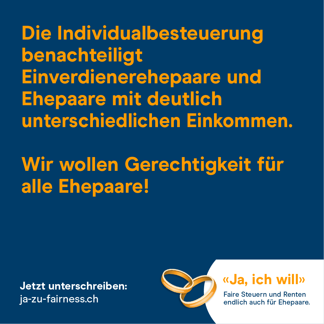 Wir wollen ein einfaches und gerechtes Steuersystem. Die Initiative #JazuFairness fordert eine Steuerberechnung, mit der kein Mehraufwand entsteht: Ehepaare füllen weiterhin nur eine Steuererklärung aus, bezahlen aber nicht mehr als Unverheiratete: evppev.ch/heiratsstrafe
