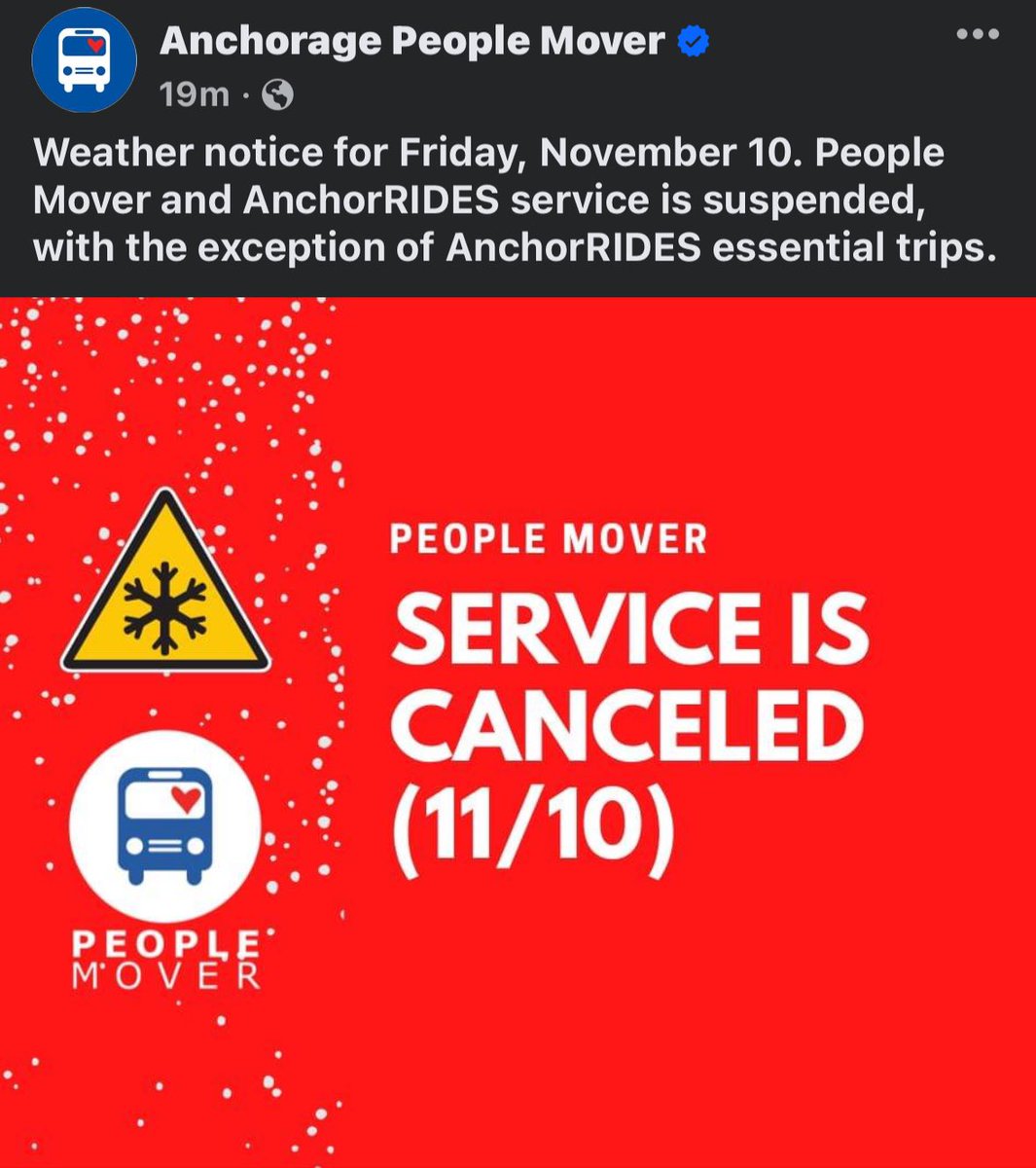 Weather notice for Friday, November 10. People Mover and AnchorRIDES service is suspended, with the exception of AnchorRIDES essential trips.