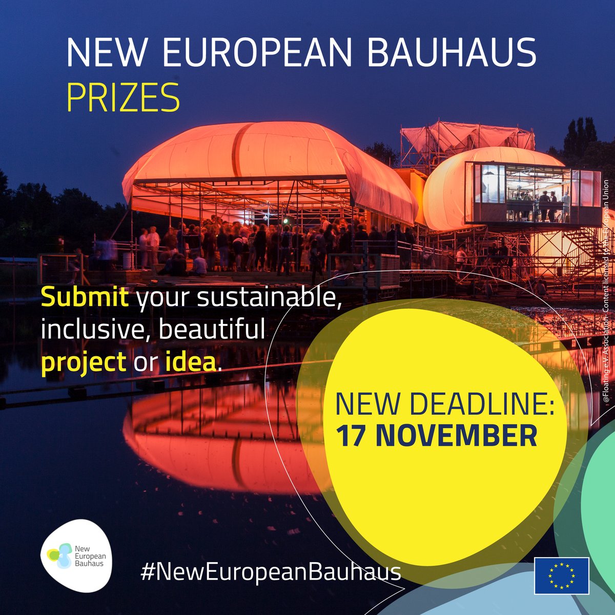 EU_Commission's tweet photo. The #NewEuropeanBauhaus Prizes are back!

Are you a creative mind with a project or idea for a more beautiful, sustainable, and inclusive tomorrow?

Apply by 17 November 2023 and take a chance to receive up to €30,000.

More info ↓ 
https://t.co/j0VkoRLDyj