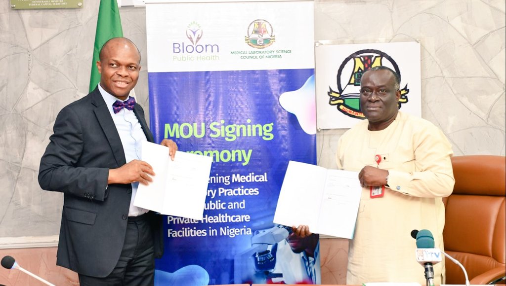 MedLabNigeria's tweet photo. MLSCN today signed an MOU with frontline NGO, Bloom Public Health, to strengthen medical laboratory practice beginning from the primary health care level. https://t.co/MjEK4hXroQ