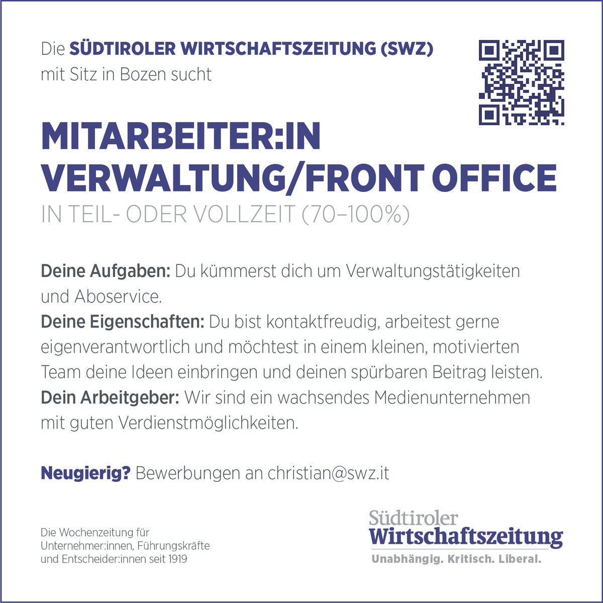 Bitte weitersagen, falls ihr jemanden kennt! Die #SWZ hätte da einen abwechslungsreichen Job zu bieten.