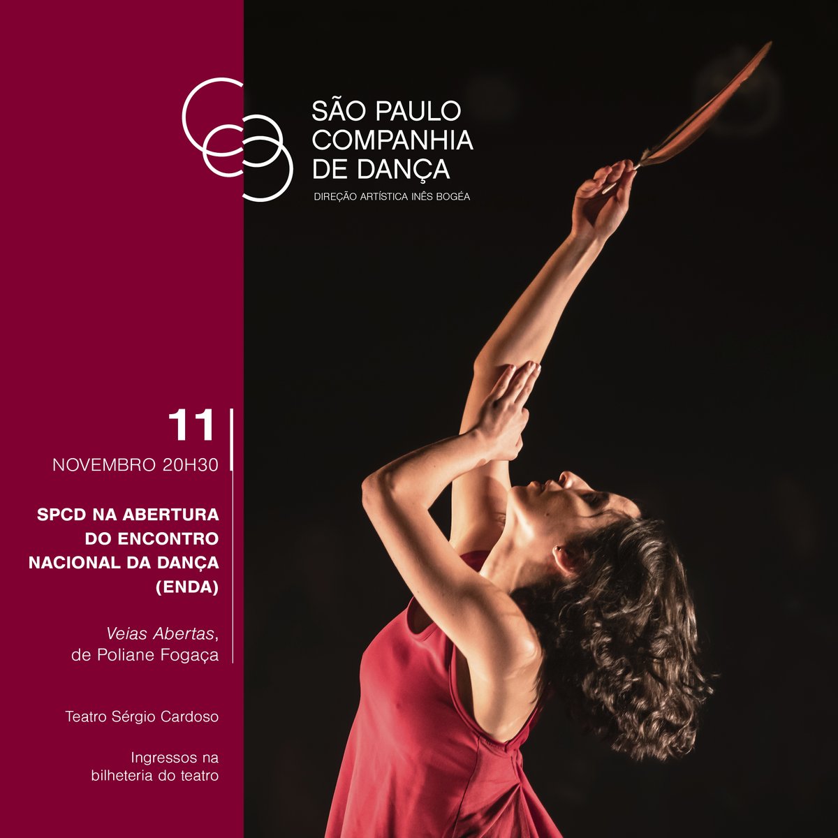 Amanhã, dia 11/11, a SPCD realiza a abertura das apresentações que acontecem no Encontro Nacional da Dança (ENDA), a partir das 20h30. A Companhia leva ao palco do Teatro Sérgio Cardoso @SergioTeatro a obra ‘Veias Abertas’, de Poliane Fogaça. @ines_bogea @CulturaSP #Culturasp