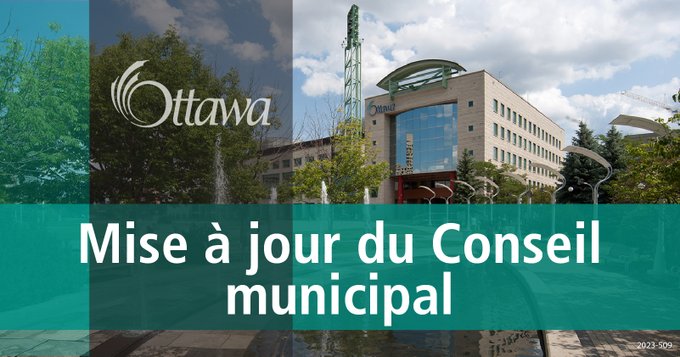 Illustration sur laquelle on aperçoit l’hôtel de ville d’Ottawa à l’arrière-plan. Au premier plan figurent un trait gris vertical et un trait turquoise horizontal. L’inscription « Mise à jour du Conseil municipal » est au centre.