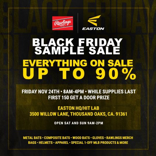 Tell your friends! The 5th annual Black Friday Blowout at Easton HQ in Thousand Oaks. Baseball, softball and everything in between! #earlybirdgetstheworm #easton #rawlings #BlackFriday2023 #baseball #fastpitch #ghost #fire