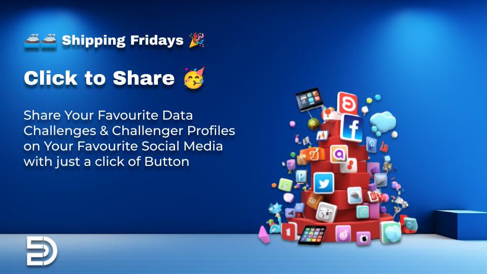 🚢 Shipping Fridays📊🚀

[New Feature]: Click-to-Share 🔄 is LIVE 🥳

🤿Share data challenges and favourite challenger profiles just with one click on your favourite social media! 🌐🔗

Explore now 👉 desights.ai 🎉 #DataChallenge