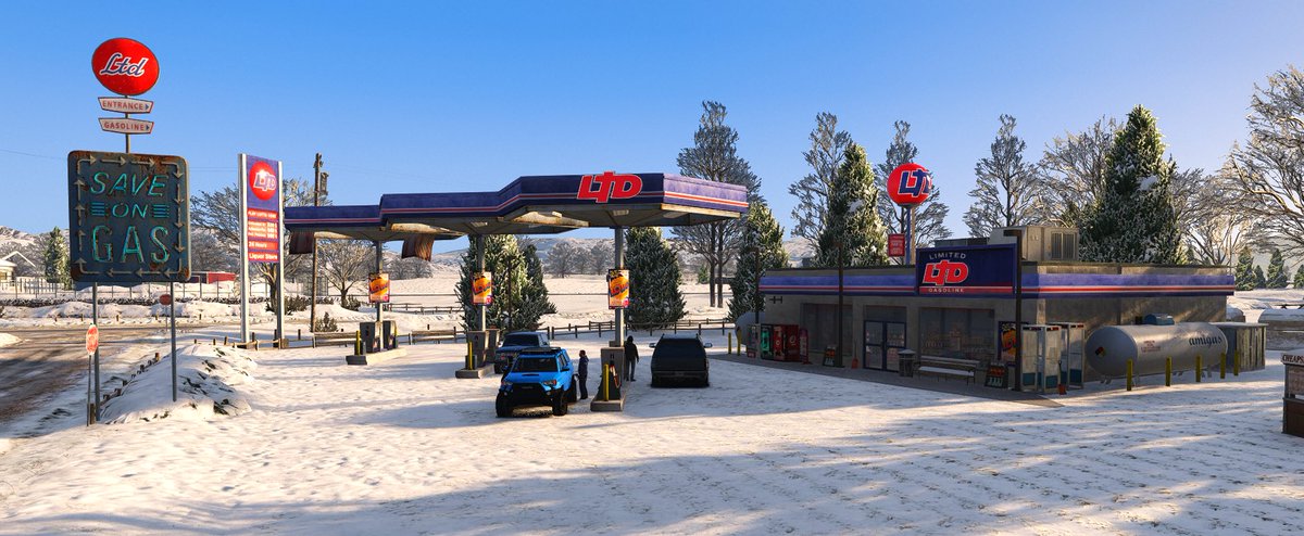 lBeemz's tweet photo. Make sure to grab gas and a hot chocolate at the LTD in North Yankton! @eotsfivem has it all and more! Join there discord and connect on Five-M for the best server around! #Fivem #snow #northyankton #gtav #GTA6 https://t.co/J2bsgI5XVS