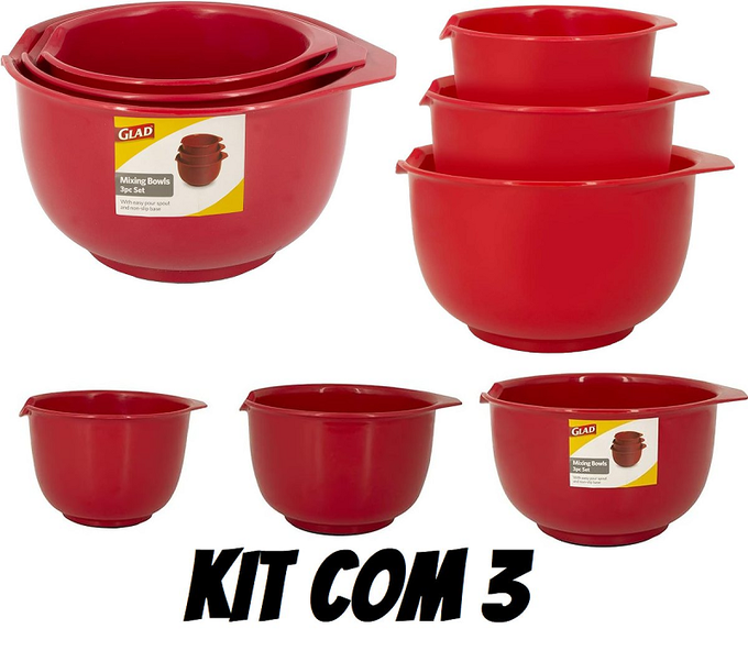 Tigelas de mistura Glad com bico de despejo, conjunto de 3 | Design de encaixe poupa espaço | Antiderrapante, livre de BPA, pode ir à lava-louças | Utensílios de cozinha e assar vermelho