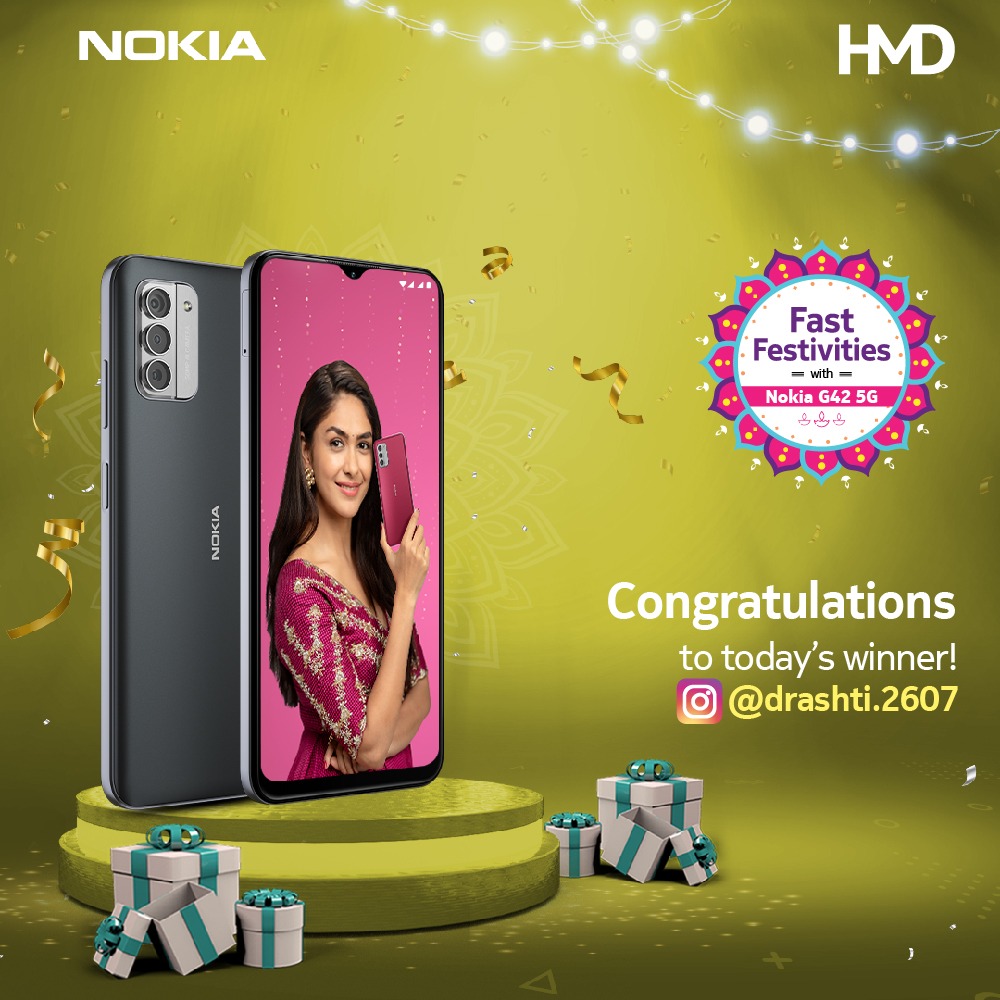 HMDdevicesIN's tweet photo. Congratulations, Drashti Javiya, for shining bright as the winner of today's #FastFestivities contest! 🎉🌟 For those eagerly awaiting their chance, stay upbeat! The grand prize, a #NokiaG42_5G, is coming up tomorrow. Answer the next question flawlessly, and you could unlock a tech-filled Diwali celebration! 

#MoveFast #NokiaSmartphones #DiwaliContest

Winner List: https://t.co/A2Abta85If
