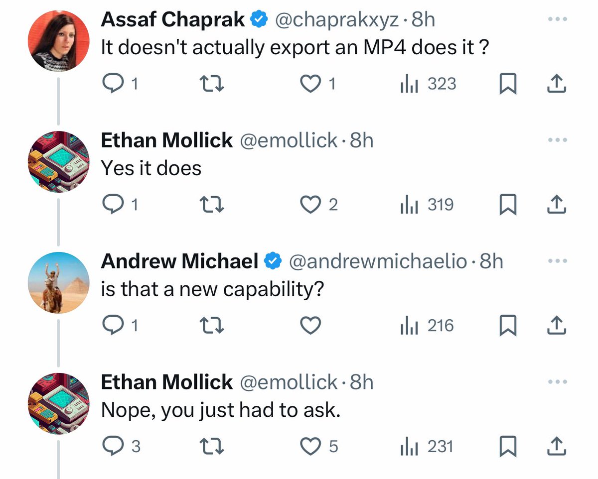 emollick's tweet photo. GPT-4 does a lot more than you think, and none of the features are documented (it isn’t even clear how much the creators of these LLMs know about their capabilities)

Just ask it to do stuff, and when it says no, ask it if it can figure out any way to do it creatively using code. https://t.co/pnRhfFpcmv