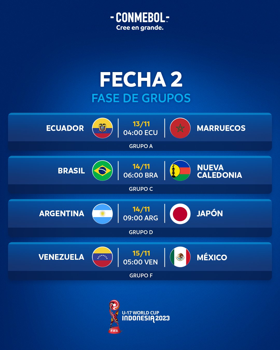 CONMEBOL.com on X: ¡Agéndalo! Los partidos de este domingo en la CONMEBOL  #Sub17FS 2022. 📆 Agende-se! Os jogos deste domingo na CONMEBOL #Sub17FS  2022. ⏳ #CreeEnGrande #AcrediteSempre  / X