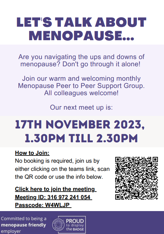 Lets talk about Menopause!!

See below for details of a fabulous peer to peer support session. Its held monthly and everyone is welcome!